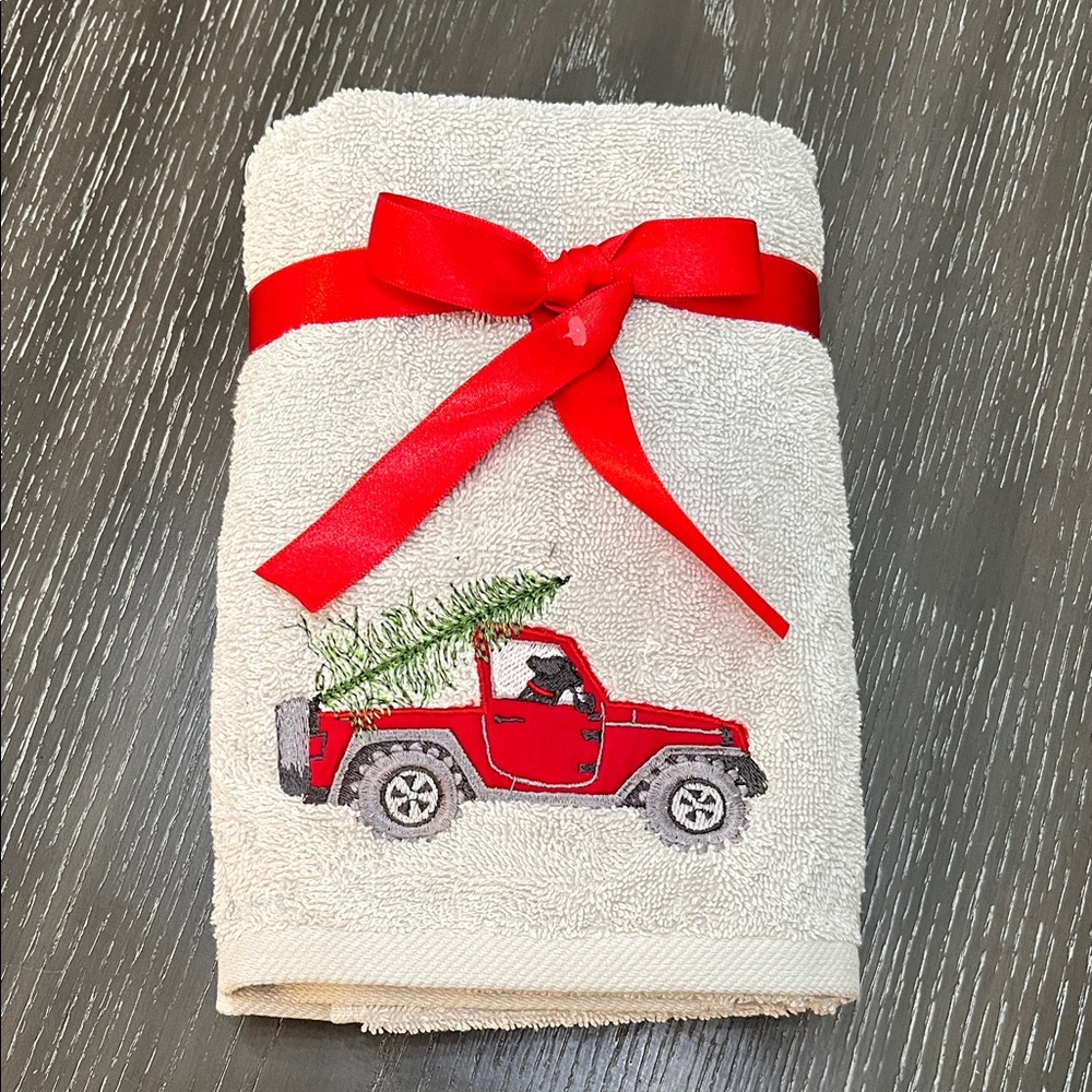 Red Jeep & Dog Holiday Hand Towels Set of 2 Light Gray Towels